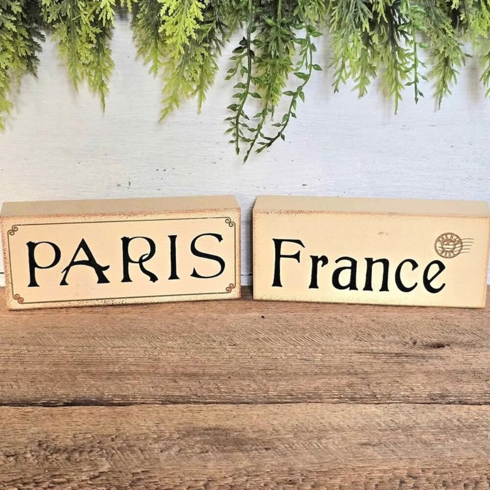 Shabby Chic Distressed Paris France Blocks Signs Figurines